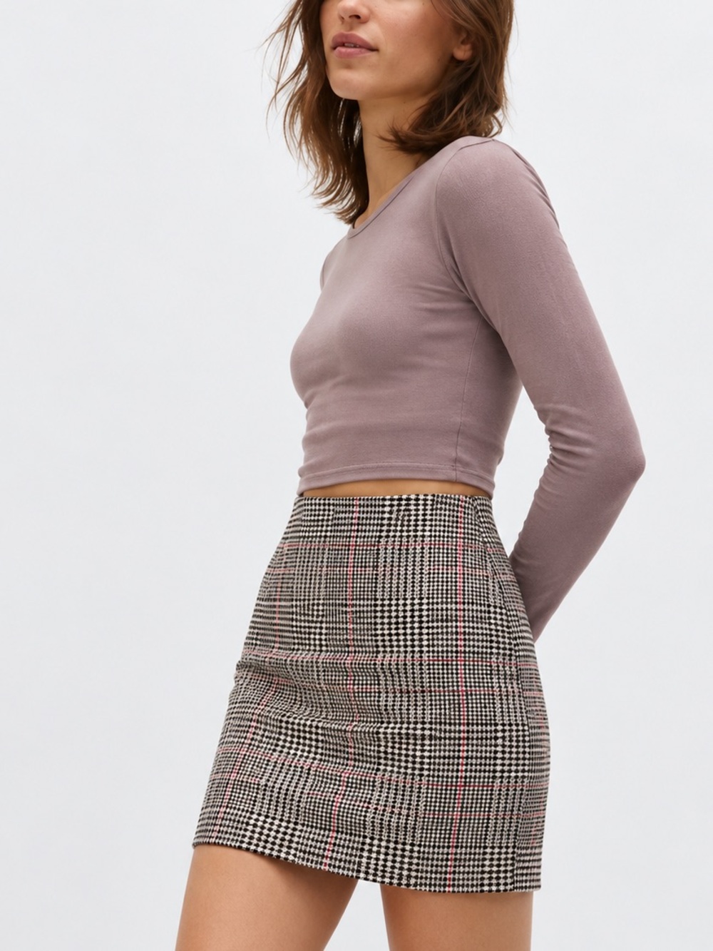 Pull&Bear Plaid Mini Skirt in Brown, Black & Cream
